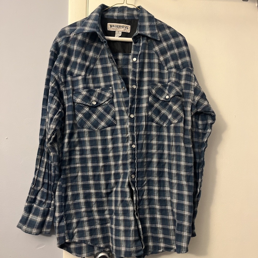 Wilderness Mens MEDIUM Blue Green Plaid Flannel Pearl Snap Western Long Sleeve‎